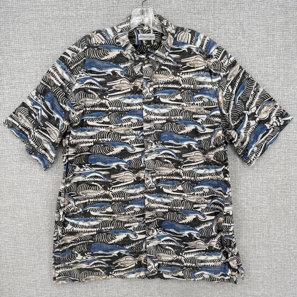 Vintage‎ AFTCO Blue Water Wear Hawaiian Shirt Mens XXL Whale Skeleton Cotton